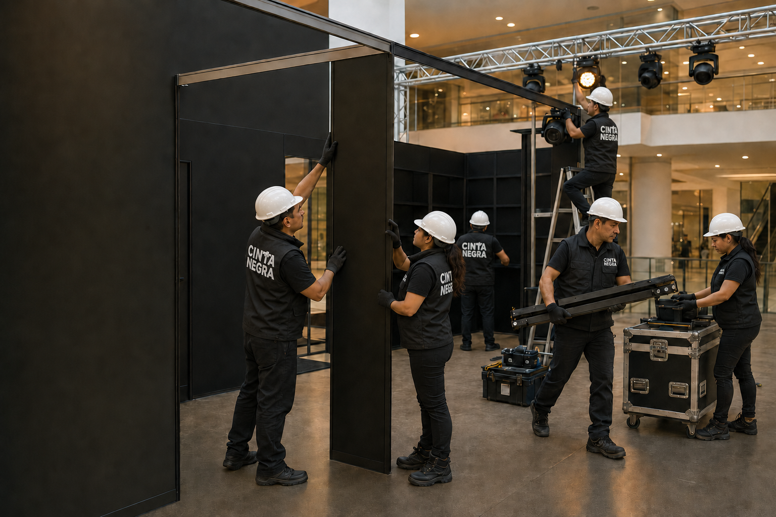 Equipo operativo montando un stand para un evento en Lima